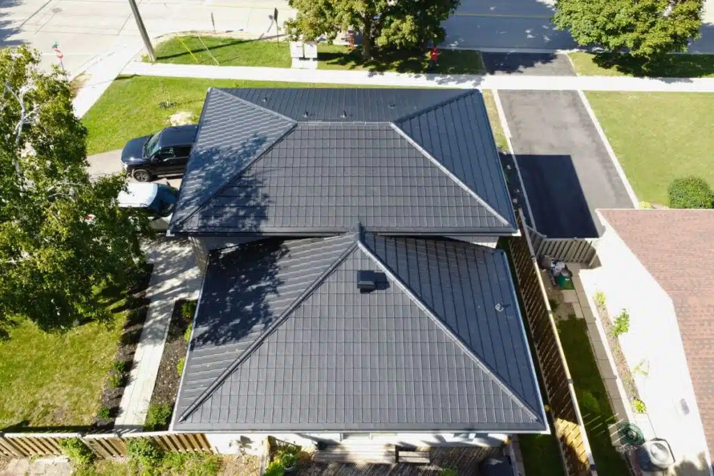 Aerial view of a home with Frigge metal roofing.