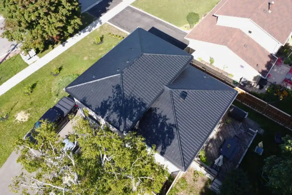 Overhead view of a Frigge metal roof installation.