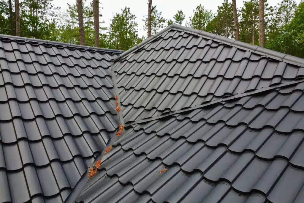 Close-up of Metal Roof Slopes with Debris – High-Quality Roofing System Close-up view of intersecting black metal roof slopes with small debris along the seam, highlighting the smooth texture and neat appearance of the roof tiles.