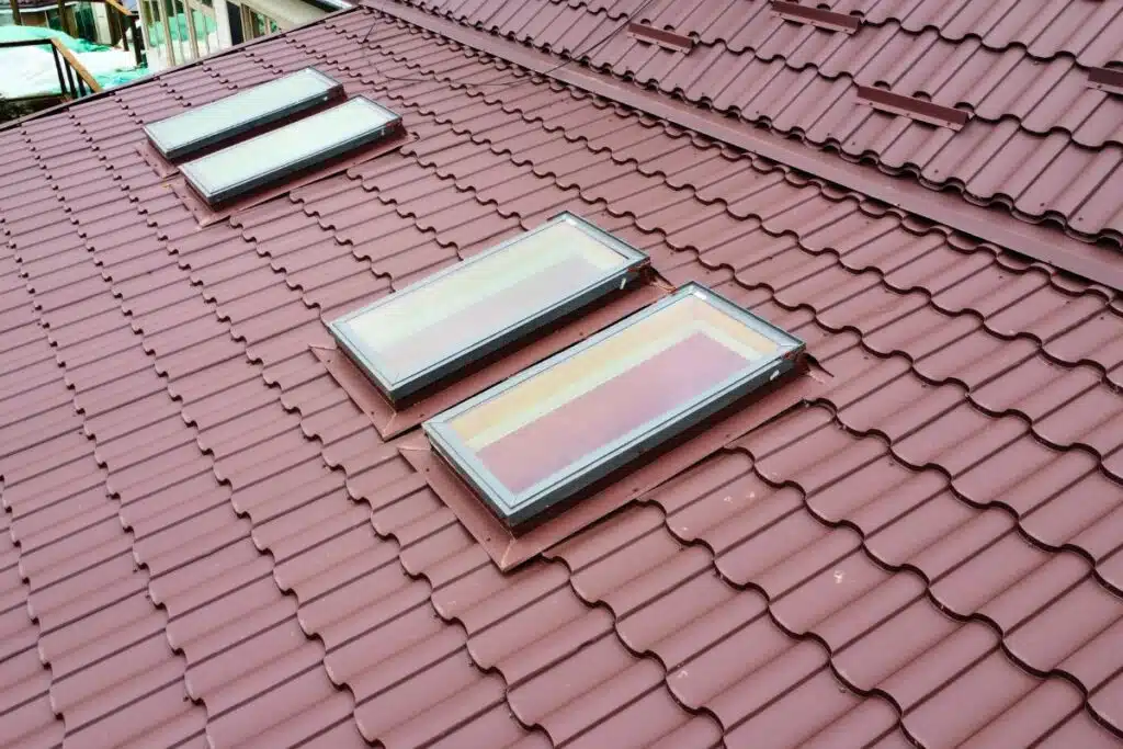 Metal Tile Roof with Custom Velux Skylights Installation Close-up of chocolate brown metal tile roof with newly installed skylights.