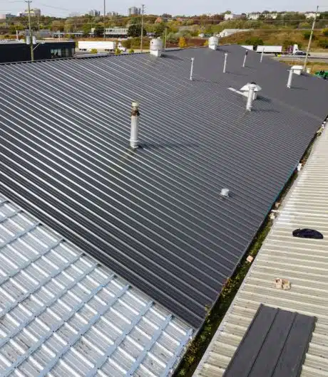 Close-up view of durable black metal roofing
