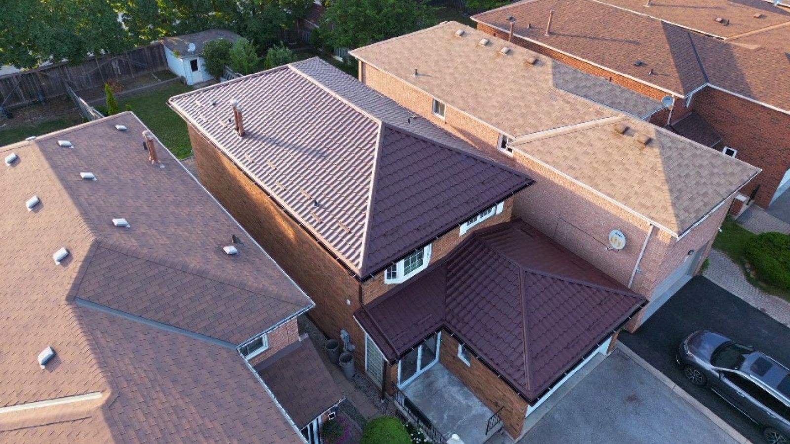 Brown Ruukki Adamant metal tile roof on a residential home in Mississauga